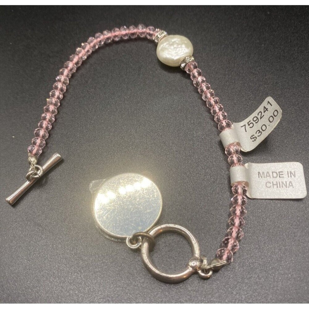 Toggle Bracelet NWT Pink Faceted Crystal Faux Coin Pearl 3/4" Charm Barbiecore - Picture 7 of 12